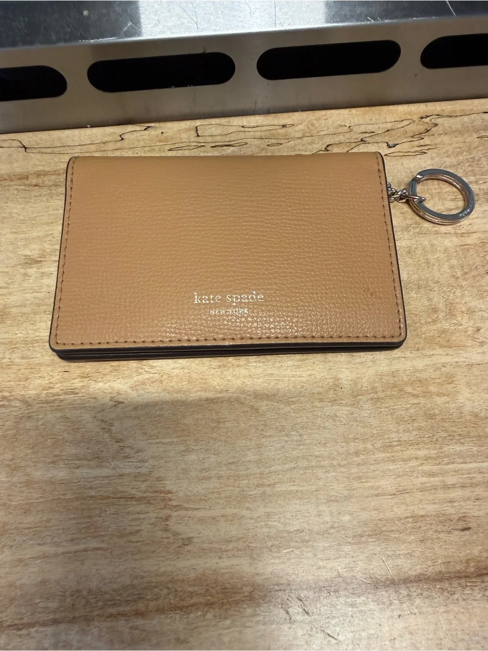 kate spade Tan Pebbled Leather Card & Key Holder with Silver Ring